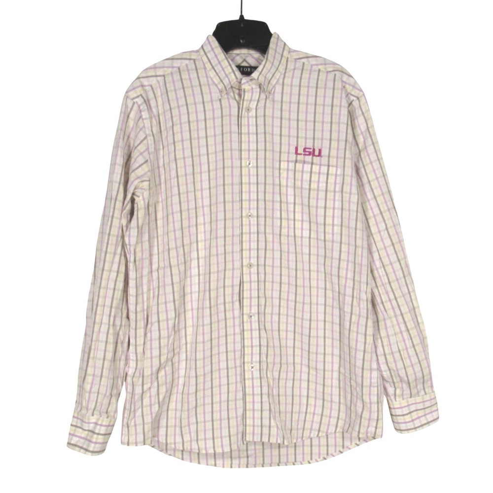 OXFORD AMERICA Purple/Yellow PLAID Button-Up TWILL 1-Pocket LSU Men's SHIRT Sz M